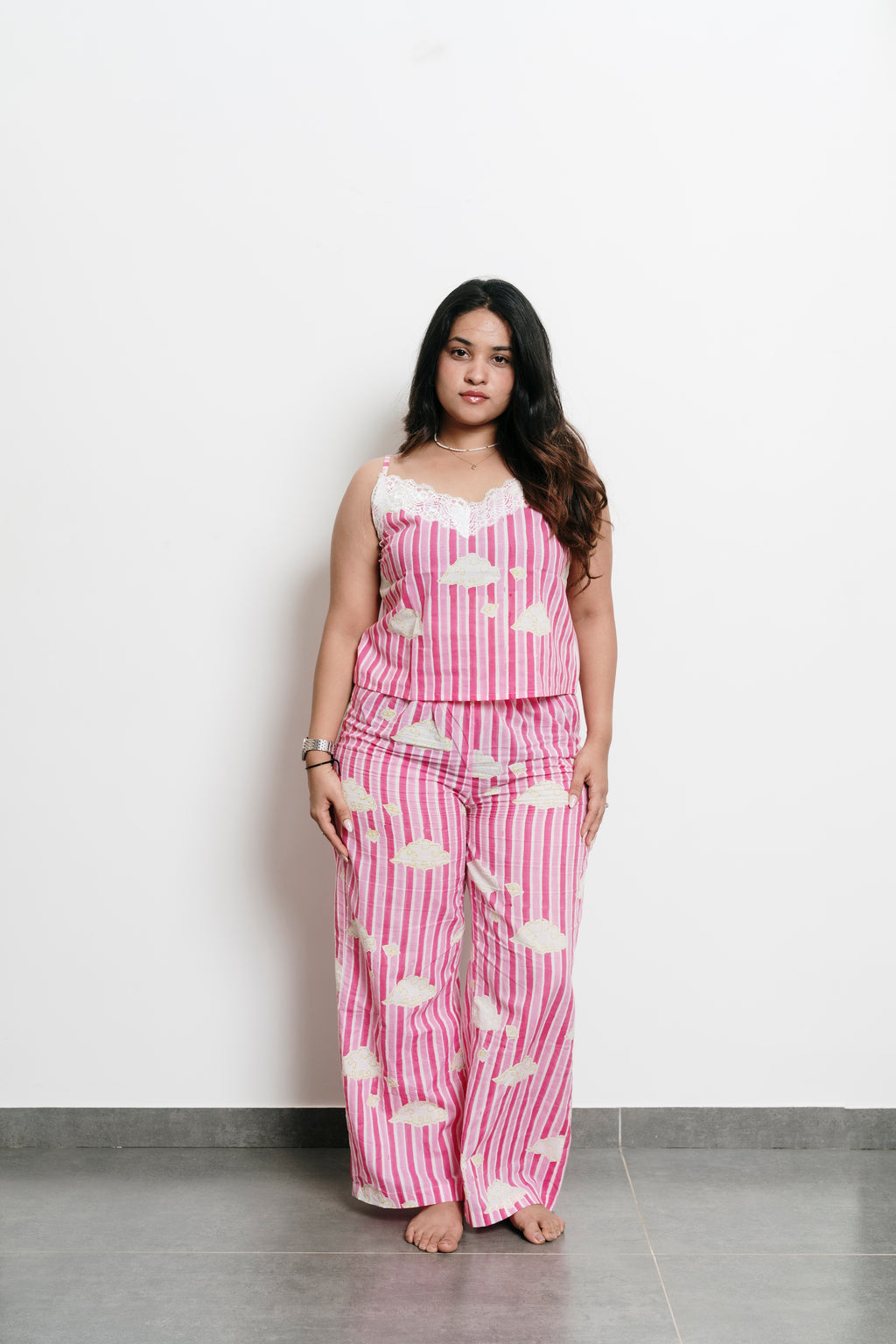 Pink Stripes with Clouds Cami + Trousers Set