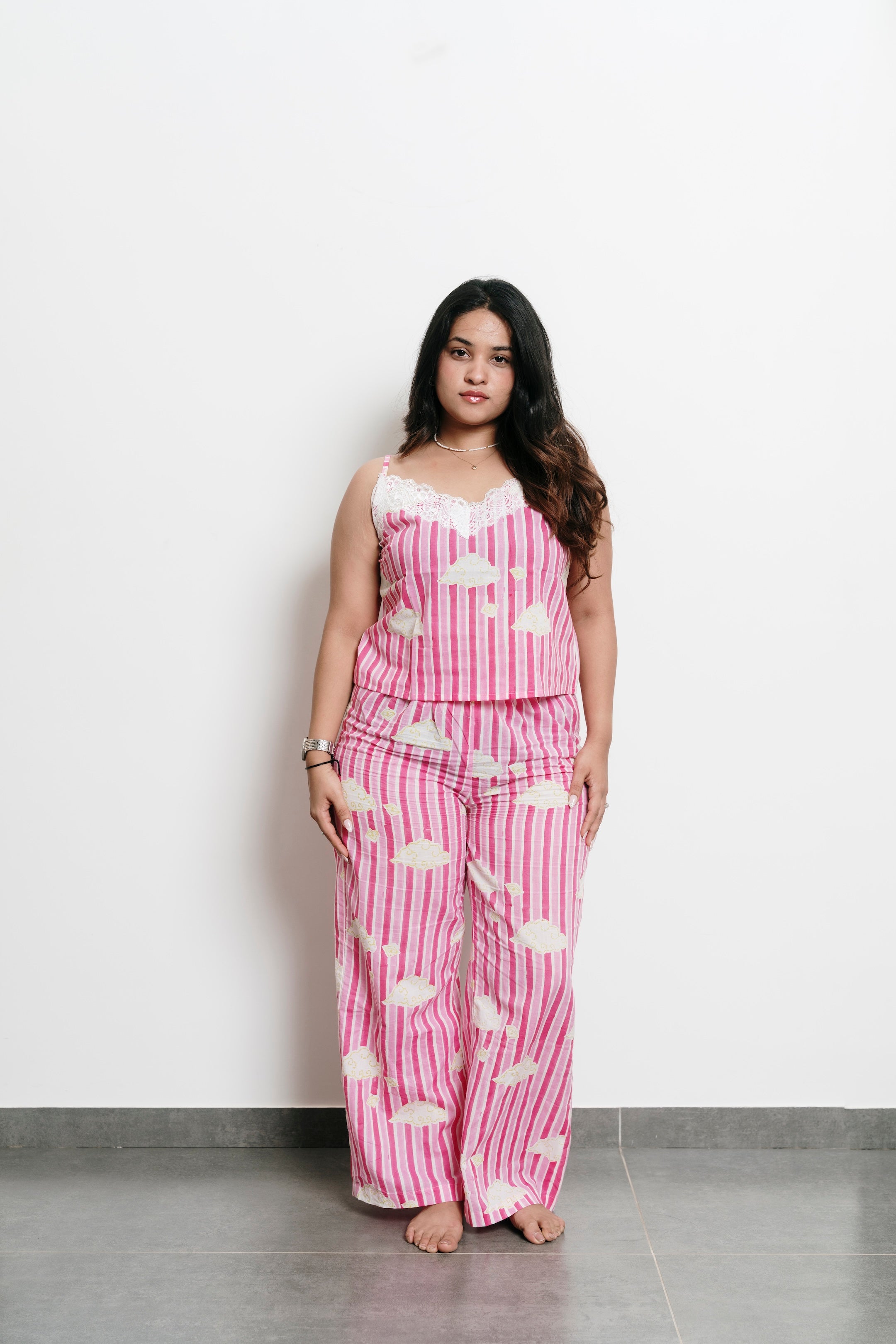 Pink Stripes with Clouds Cami + Trousers Set