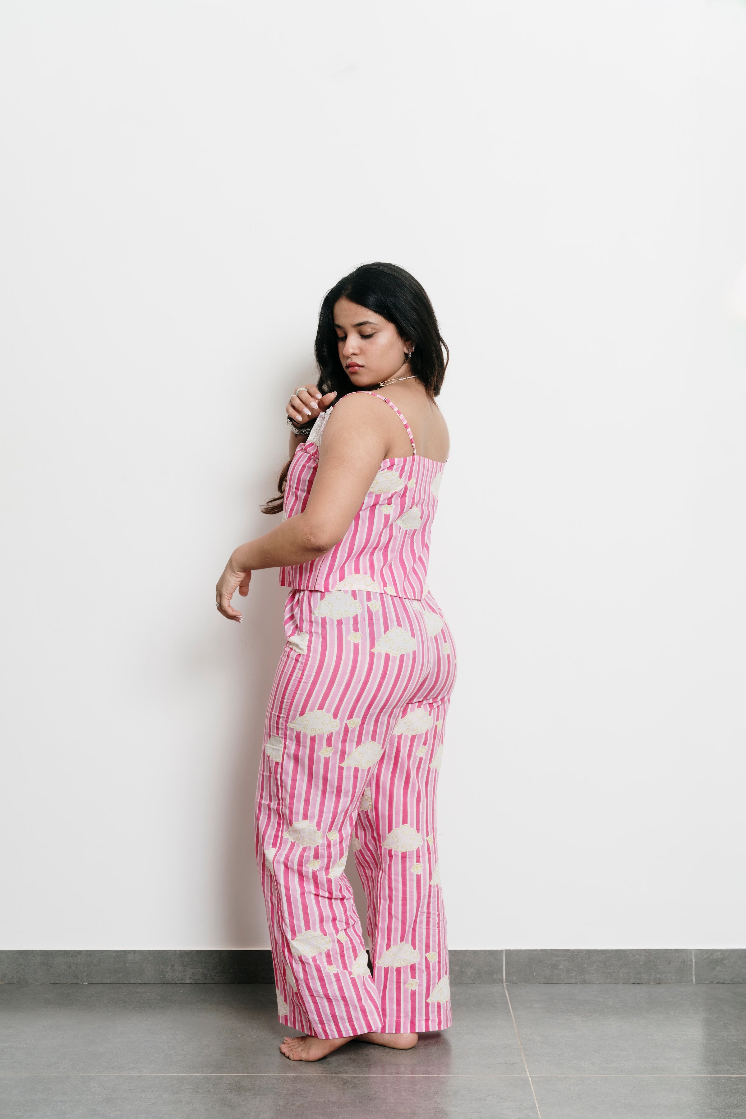 Pink Stripes with Clouds Cami + Trousers Set