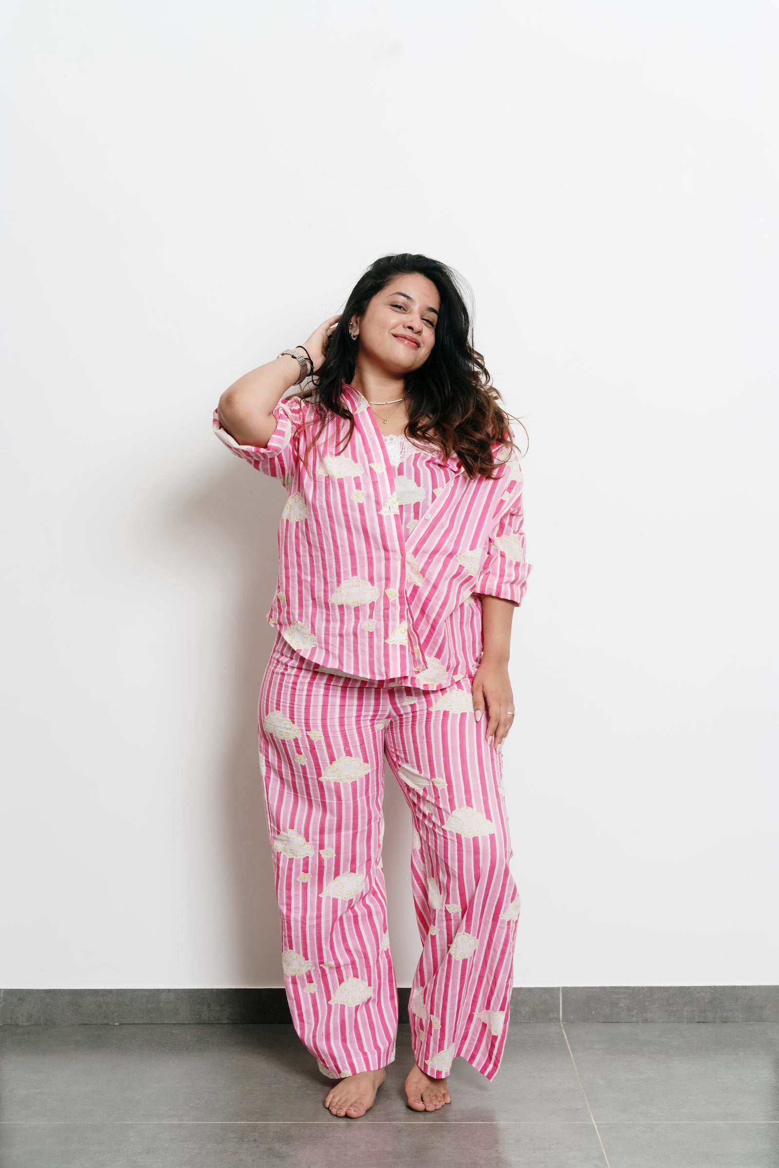 Pink Stripes with Clouds Shirt + Trousers Set