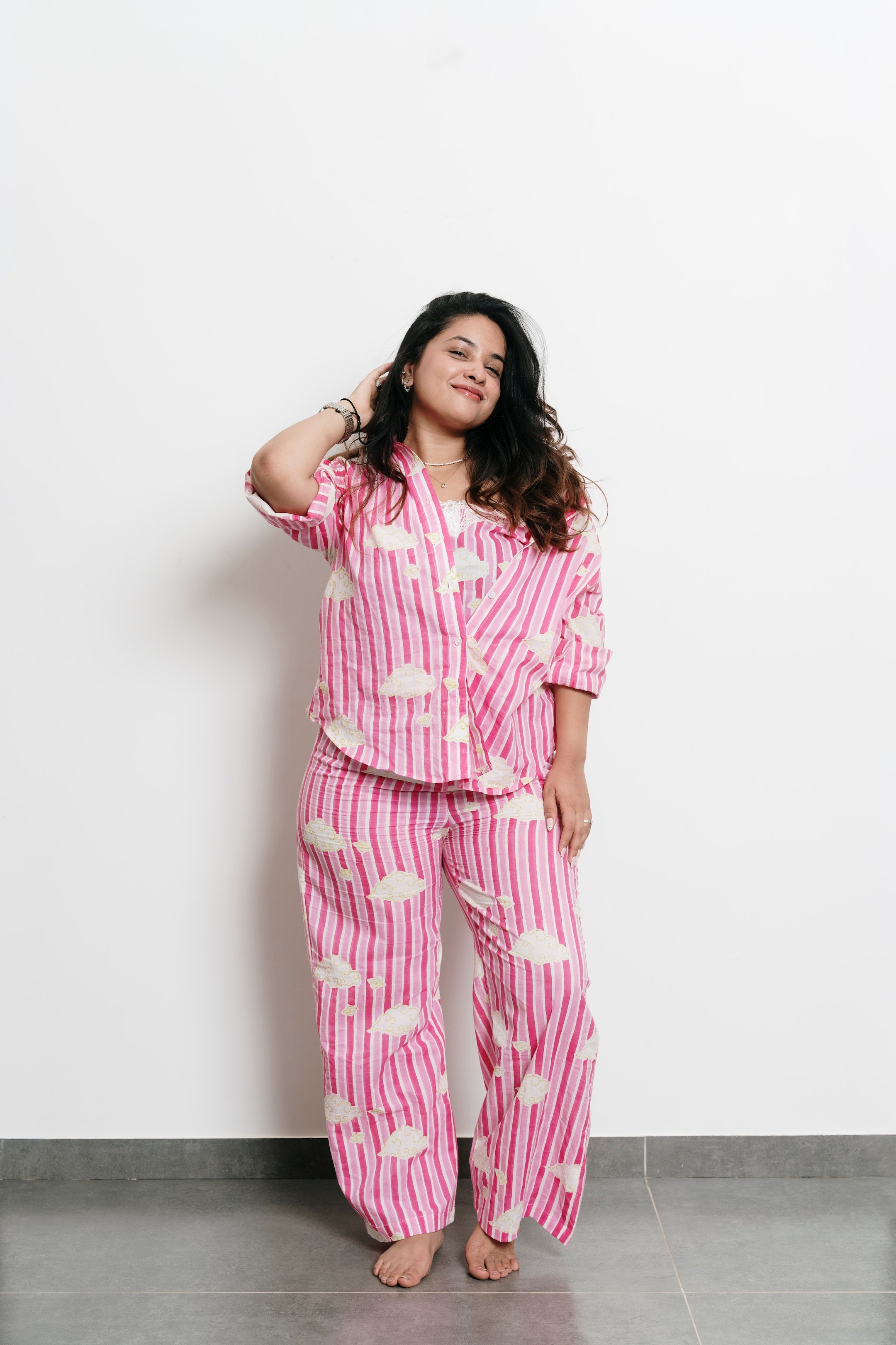 Pink Stripes with Clouds Shirt + Trousers Set