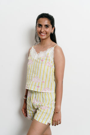 Green Stripes with Clouds Cami + Shorts Set