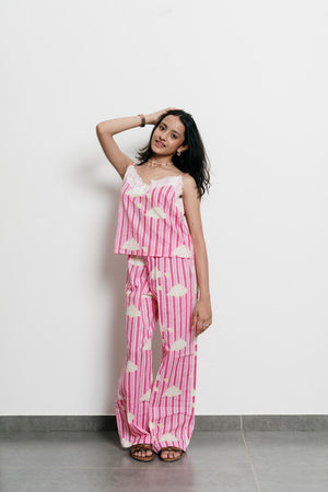 Pink Stripes with Clouds Cami + Trousers Set