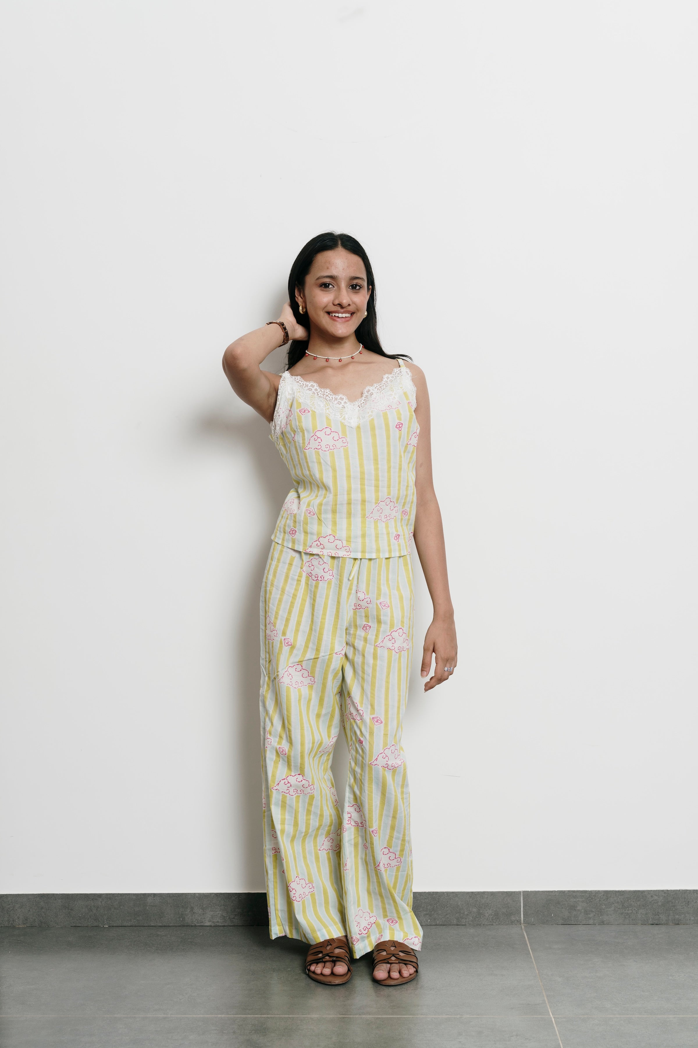 Green Stripes with Clouds Cami + Trousers Set
