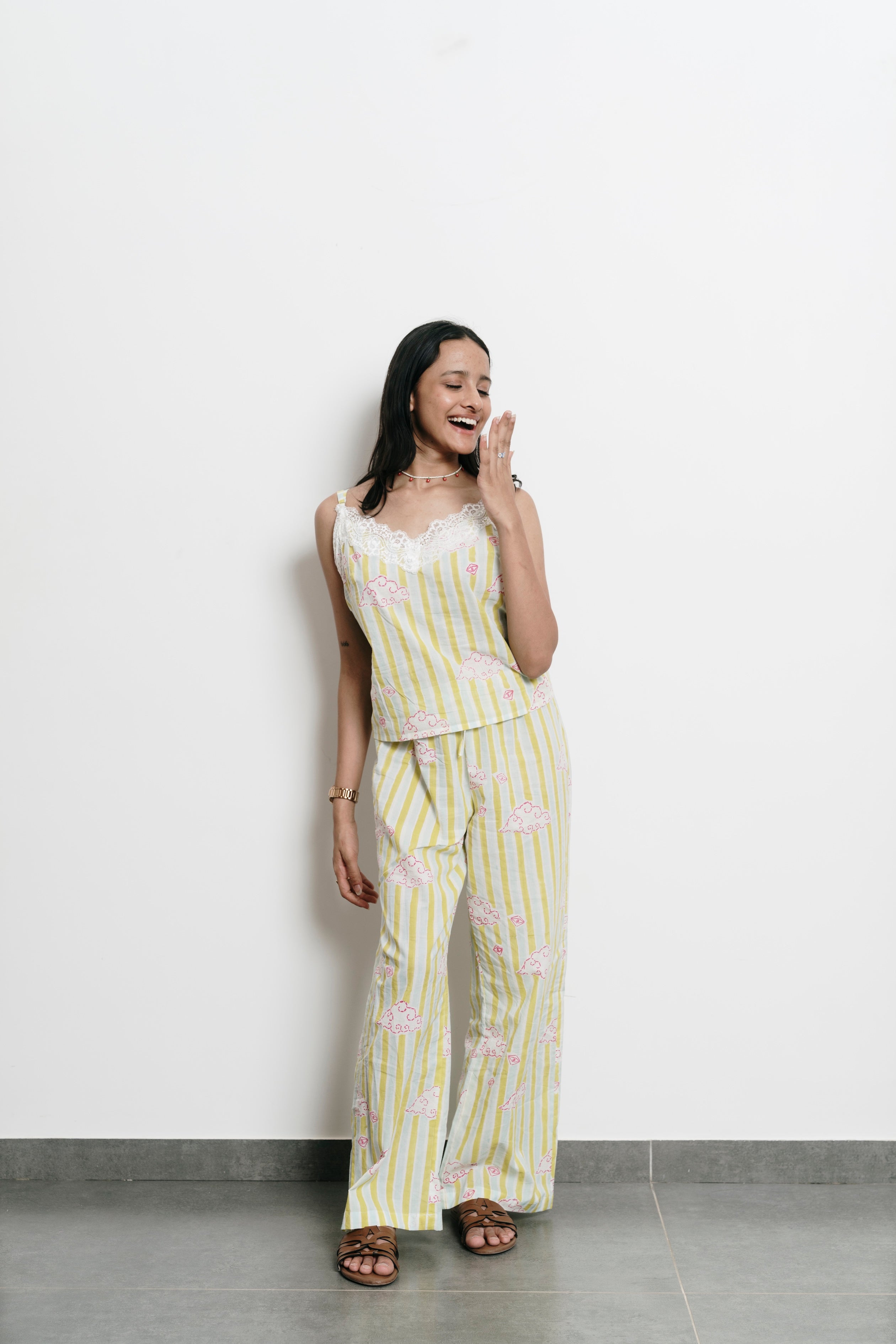 Green Stripes with Clouds Cami + Trousers Set